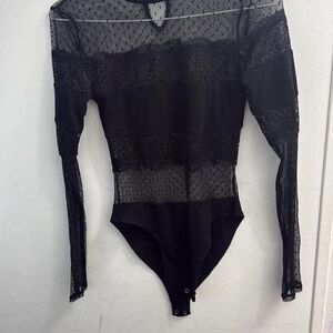 Forever 21 Black Sheer Lace Long Sleeve Bodysuit